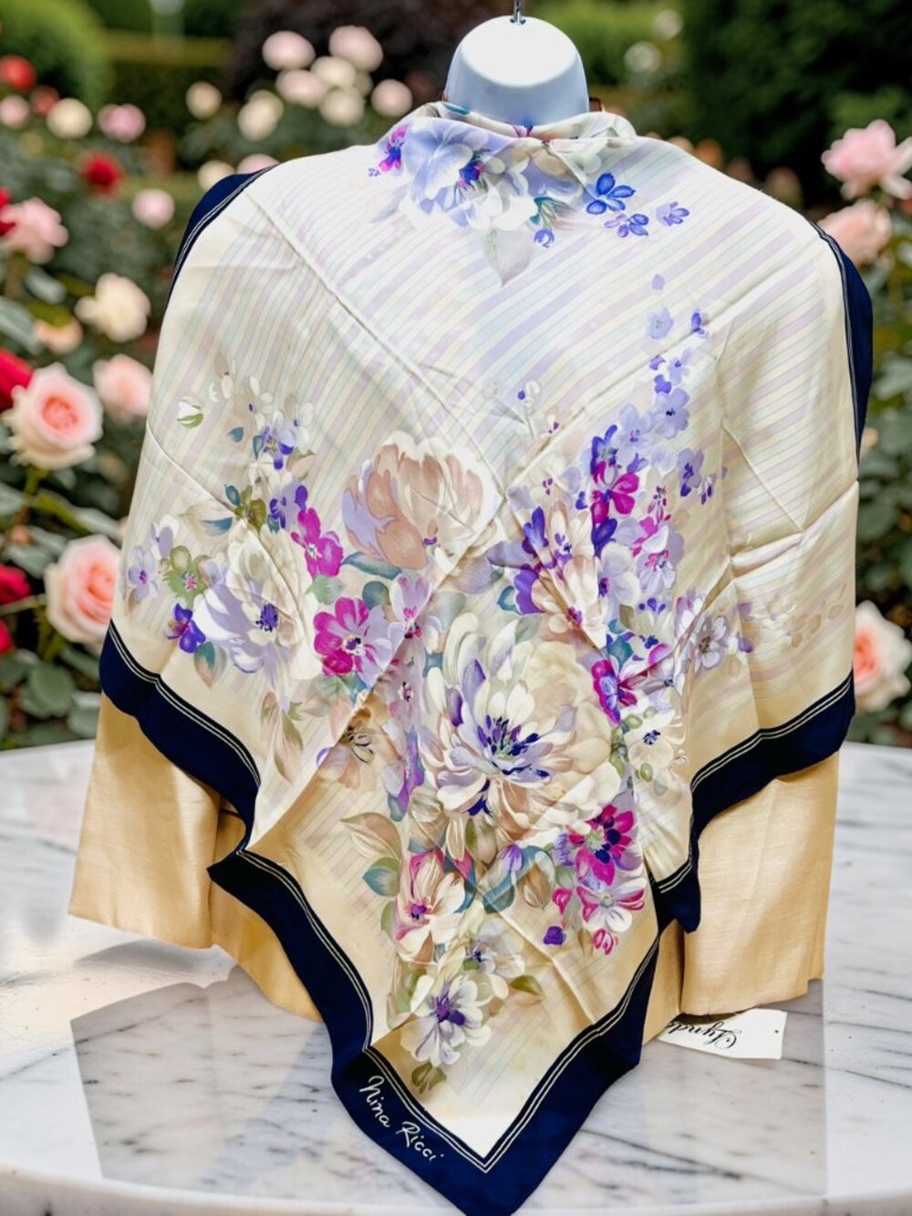 NINA RICCI PARIS  SILK SATIN SCARF 30" Pastel Ivery blue pink purple Floral(30
